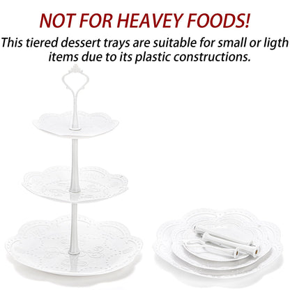 Tosnail 3 Pack 3 Tiers White Plastic Cupcake Stand Dessert Stand Tiered Serving Trays - Round, Square, Flower