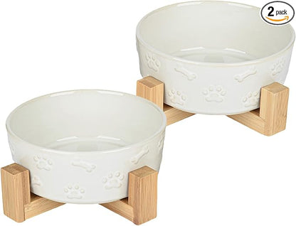 Ceramic Dog Bowls with Stand, 6.5 inch Dog Food Water Bowl Set for Medium Small Dogs Pet Dishes Set of 2, White with Cute Pattern