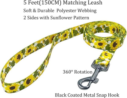 Dog Collar Leash Set, Floral Pattern, 5ft Matching Leash, Polyester Material, 4 for Small Medium Large Dogs.(S, Sunflower)