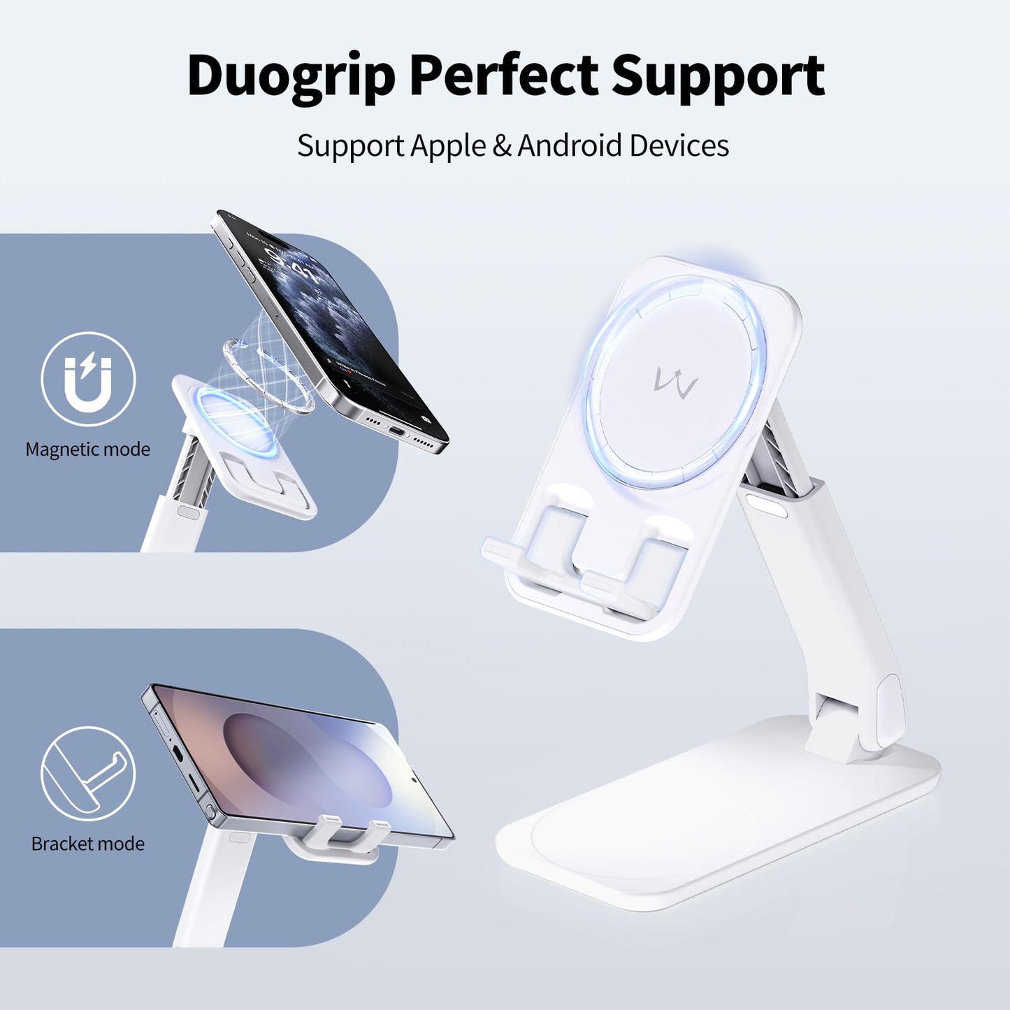 iWALK Magnetic Cell Phone Stand for Desk, Angle and Height Adjustable Mobile Phone Holder, Foldable Magnet Stand for iPhone 17 16 15 14 13 12 Pro Max and iPad, Cell Phone Holder for Samsung, White