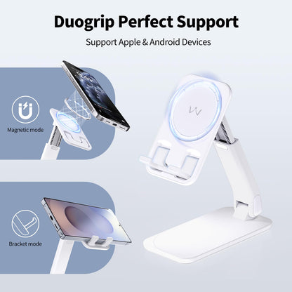 iWALK Magnetic Cell Phone Stand for Desk, Angle and Height Adjustable Mobile Phone Holder, Foldable Magnet Stand for iPhone 17 16 15 14 13 12 Pro Max and iPad, Cell Phone Holder for Samsung, White
