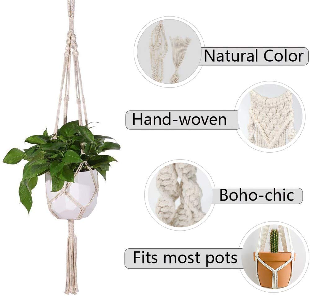 Lynkaye Macrame Plant Hangers Handmade Cotton Rope Flower Pot Holder Boho Theme Indoor Outdoor - Pack of 5 with Ceiling Hooks
