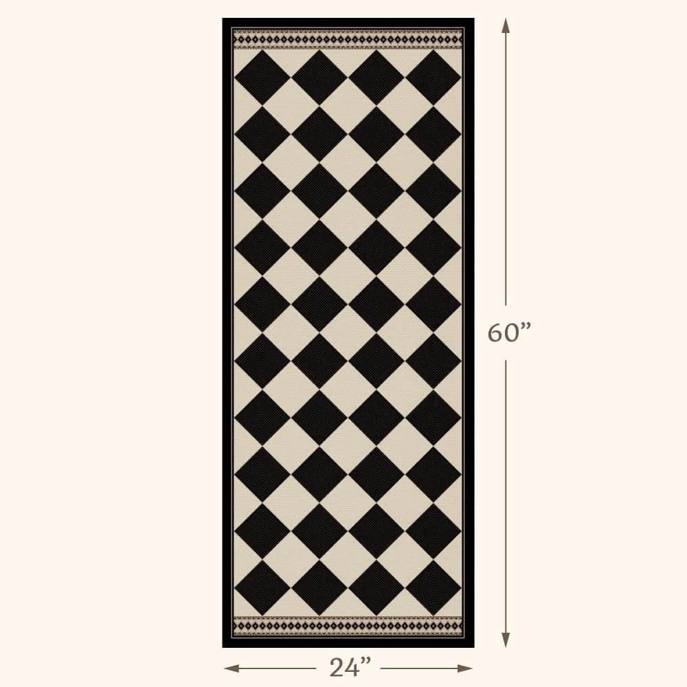 Black and White Checkered 2x5 Easy Jute Laundry Room Rug Runner, Laundry Floor Mat, Washable Non Slip Diamond Boho Carpet for Entryway, Bathroom, Kitchen, Checkerboard Modern Farmhouse Mat