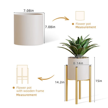 Rioneta Metal Plant Pot with Adjustable Stand, Mid Century Modern Planter Holder Capacity of 160LB for 8 to 14 Inch, Living Room Garden Bedroom Office Indoor Outdoor Beige & Golden