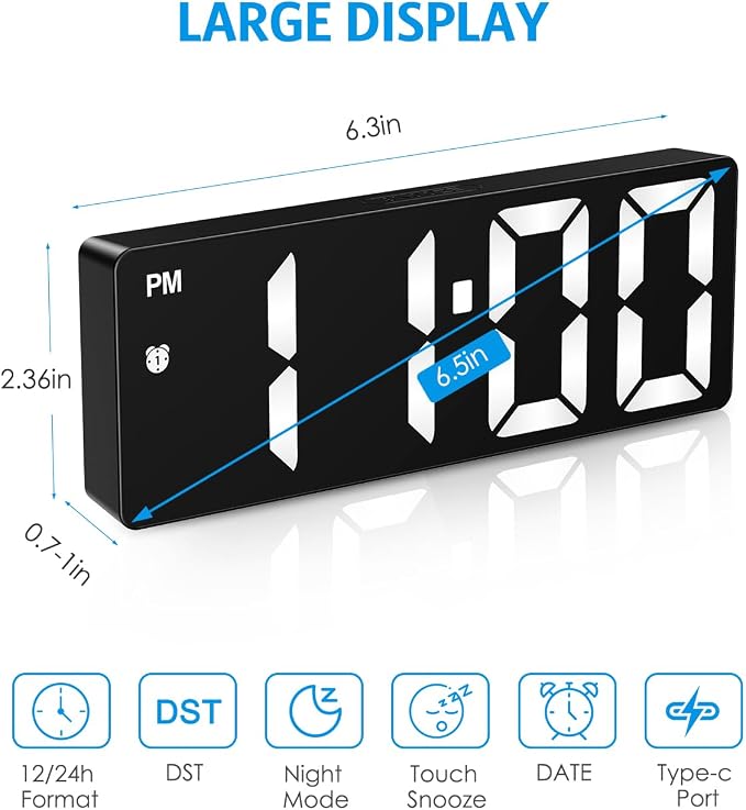 AMIR Digital Alarm Clock, LED Clock for Bedroom, Electronic Desk Clock with Type-C Port Adjustable Brightness DST Snooze 12/24H Display for Home Office