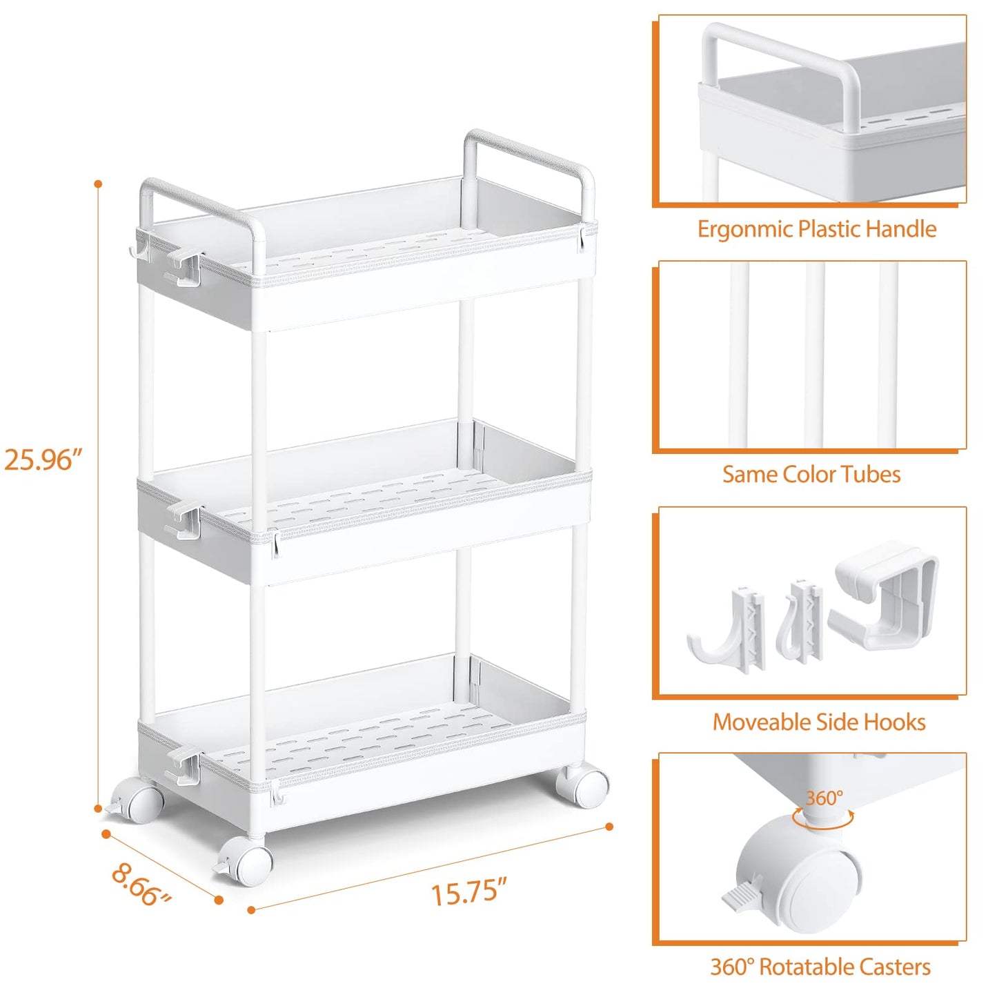 Ronlap 3 Tier Slim Rolling Storage Cart with Wheels Plastic Utility Cart Organizer for Snack Craft Art Postpartum Baby Diaper Nail Makeup in Bathroom Laundry Room Kitchen Bedside Narrow Space, White