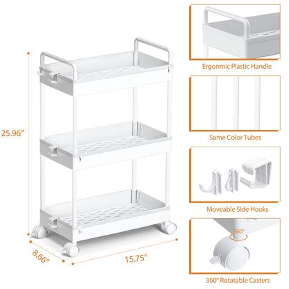 Ronlap 3 Tier Slim Rolling Storage Cart with Wheels Plastic Utility Cart Organizer for Snack Craft Art Postpartum Baby Diaper Nail Makeup in Bathroom Laundry Room Kitchen Bedside Narrow Space, White