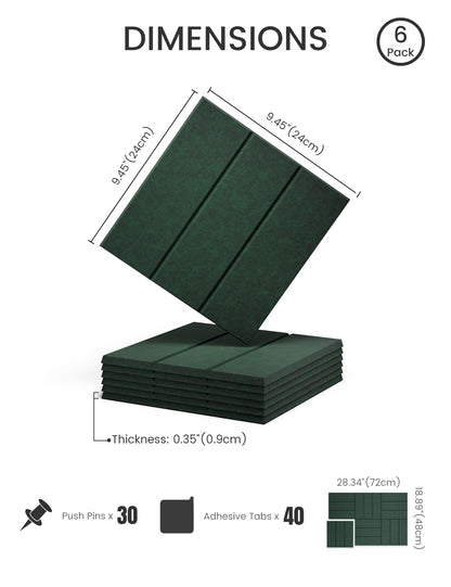 Felt Bulletin Board Tiles -28"x18" with 40 Adhesive Tabs, Cork Board Alternative for Office Decor, Push Pin Board Wall Organizer 6-Pack (Pine Green)