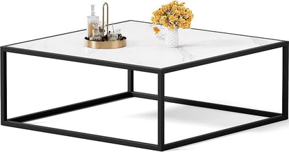 31.5" Square Coffee Table, Mid-Century Modern White Center Table for Living Room, Floor Table for Sitting on The Floor, Wood Cocktail Tea Contemporary Tables with Metal Frame for Office Apartment Home