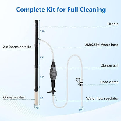 AQQA Gravel Vacuum for Aquarium Siphon - Adjustable Flow Fish Tank Cleaner with Handle, Manual Siphon Pump Water Changer Sand Rock Suction Cleaner, Upgraded Hard Hose with Threaded Connection (S)
