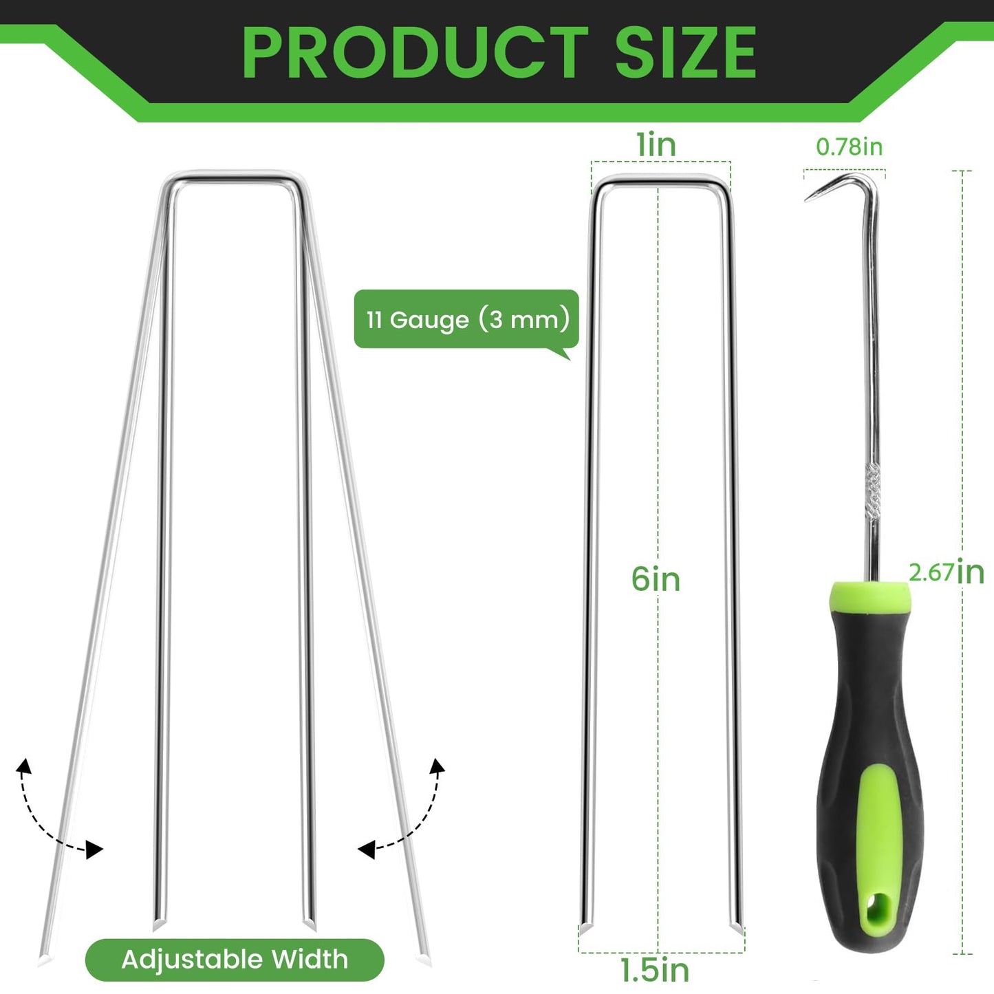 120 Pack 6 Inch Landscape Staples + 1 Hook 11 Gauge Heavy Duty Galvanized Garden Stakes, U-Shaped Ground Pins for Weed Barrier Fabric, Drip Irrigation Tubing, Sod, Lawn & Christmas Outdoor Decorations