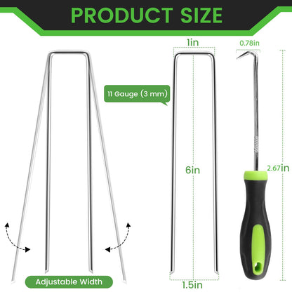 120 Pack 6 Inch Landscape Staples + 1 Hook 11 Gauge Heavy Duty Galvanized Garden Stakes, U-Shaped Ground Pins for Weed Barrier Fabric, Drip Irrigation Tubing, Sod, Lawn & Christmas Outdoor Decorations