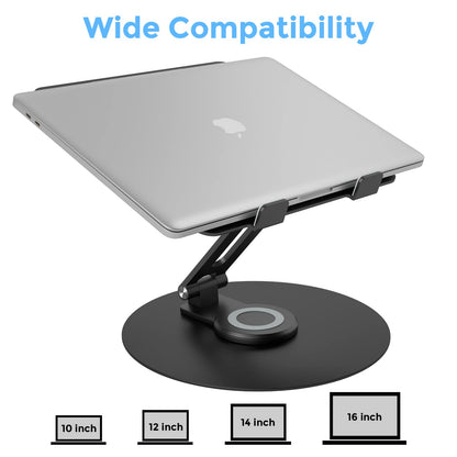 Swivel Laptop Stand for Desk, Adjustable Height Aluminum Computer Stand with 360 Rotating Base, Foldable Ergonomic Riser, Portable Laptop Holder Compatible with MacBook, All Laptops 10-17'', Black