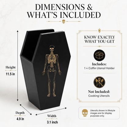 TOSOENPHY Halloween Gothic Kitchen Decor - Goth Coffin Utensil Holder (Utensils Not Included), Dual-Sided Laser-Etched Skeleton, Solid Wood Large Capacity for Spooky Bats Spoons Skull Spatulas