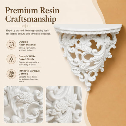 Z metnal Small Victorian Decorative Floating Shelves, Wall Mounted Decor Shelves, Classic Wall Display Organizer, Retro Hollow Carving Art Ornament Rack, Baroque Style Decorative Stand, White, Resin