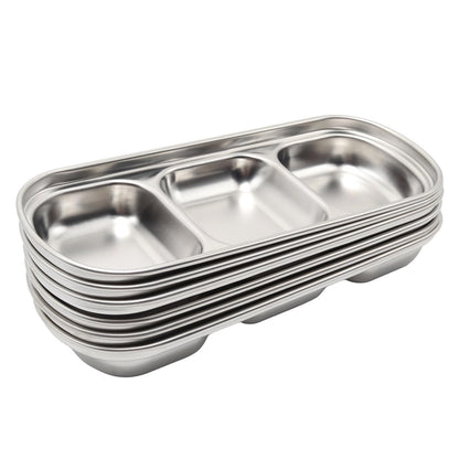 Mormchlots 6pcs 8inch Stainless Steel Divided Dip Bowls,Sauce Bowl Korean Ketchup Bowl,Compartment Condiment Tray for Home/Restaurant (Silver, Triple Dipping Bowl)