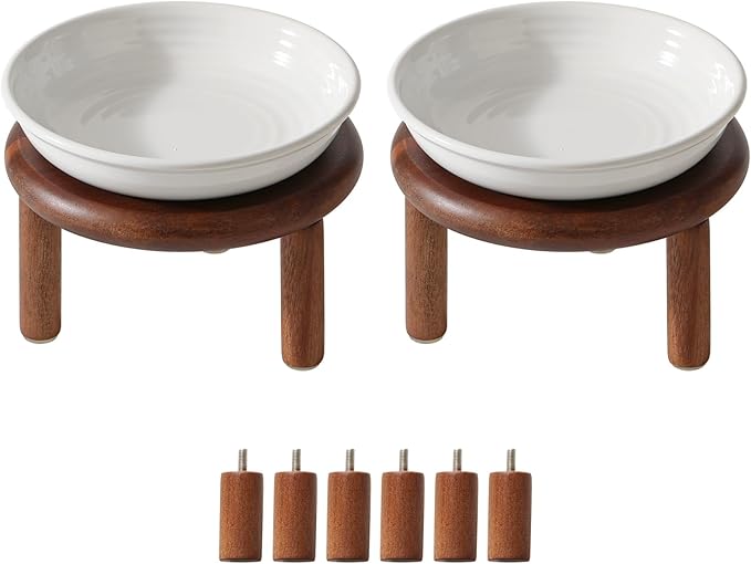 Havniva Elevated Cat Bowls Raised Ceramic Cat Bowl, 5.7” Wide Opening Cat Food Bowl Whisker Friendly Cat Dish Anti-Slip with Wood Stand, Shallow Pet Food & Water Bowl for Indoor Cats