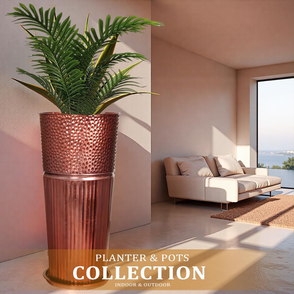 Megawodar 2 Pcs Pack Metal Tall Tapered Planter Pots Large Round Planter Flower Pot with Drainage Holes for Indoor Outdoor Deck Porch Garden Home Patio Front Door (Glossy Copper, Medium)