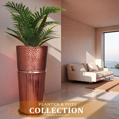 Megawodar 2 Pcs Pack Metal Tall Tapered Planter Pots Large Round Planter Flower Pot with Drainage Holes for Indoor Outdoor Deck Porch Garden Home Patio Front Door (Glossy Copper, Medium)