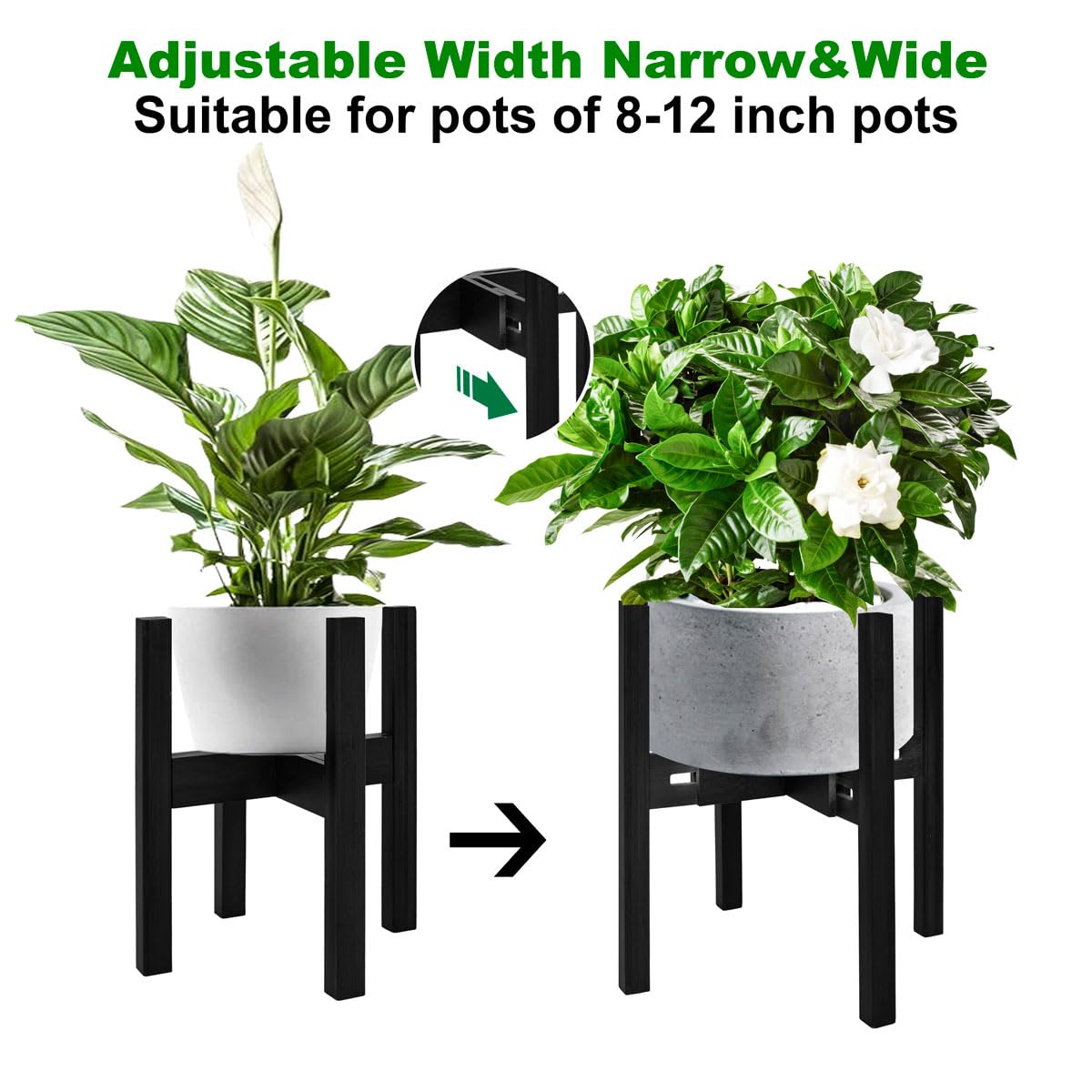 Rnined Adjustable Plant Stand Indoor,Bamboo Mid Century Modern Plants Stands, Stable Plant Holder,Fit 8 9 10 11 12 inch Pots (Pot & Plant Not Included)(Black)