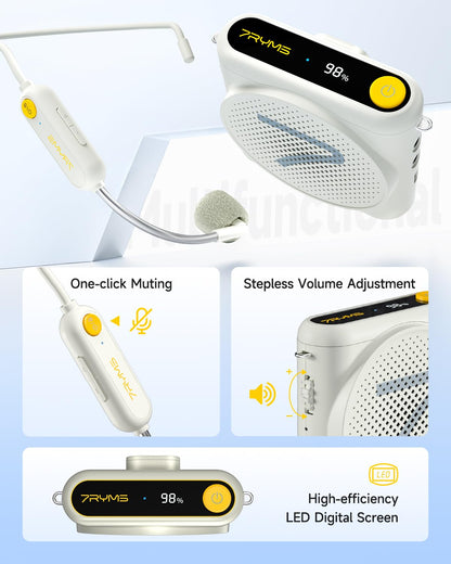 7RYMS WA1 Wireless Voice Amplifier with Headset Microphone for Teachers, Personal Power Amplifier with Noise Canceling, 164ft Range, 23H Working, Microphone Speaker for Teaching, Speech, Yoga(White)