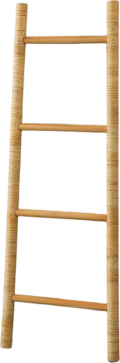SOFE 4-Tier Rattan Blanket Ladder Shelves, 3.9Ft (47Inches) Decorative Ladder Holder, Wall Leaning Blanket Rack for Living Room, Bedroom, Farmhouse Home Decor