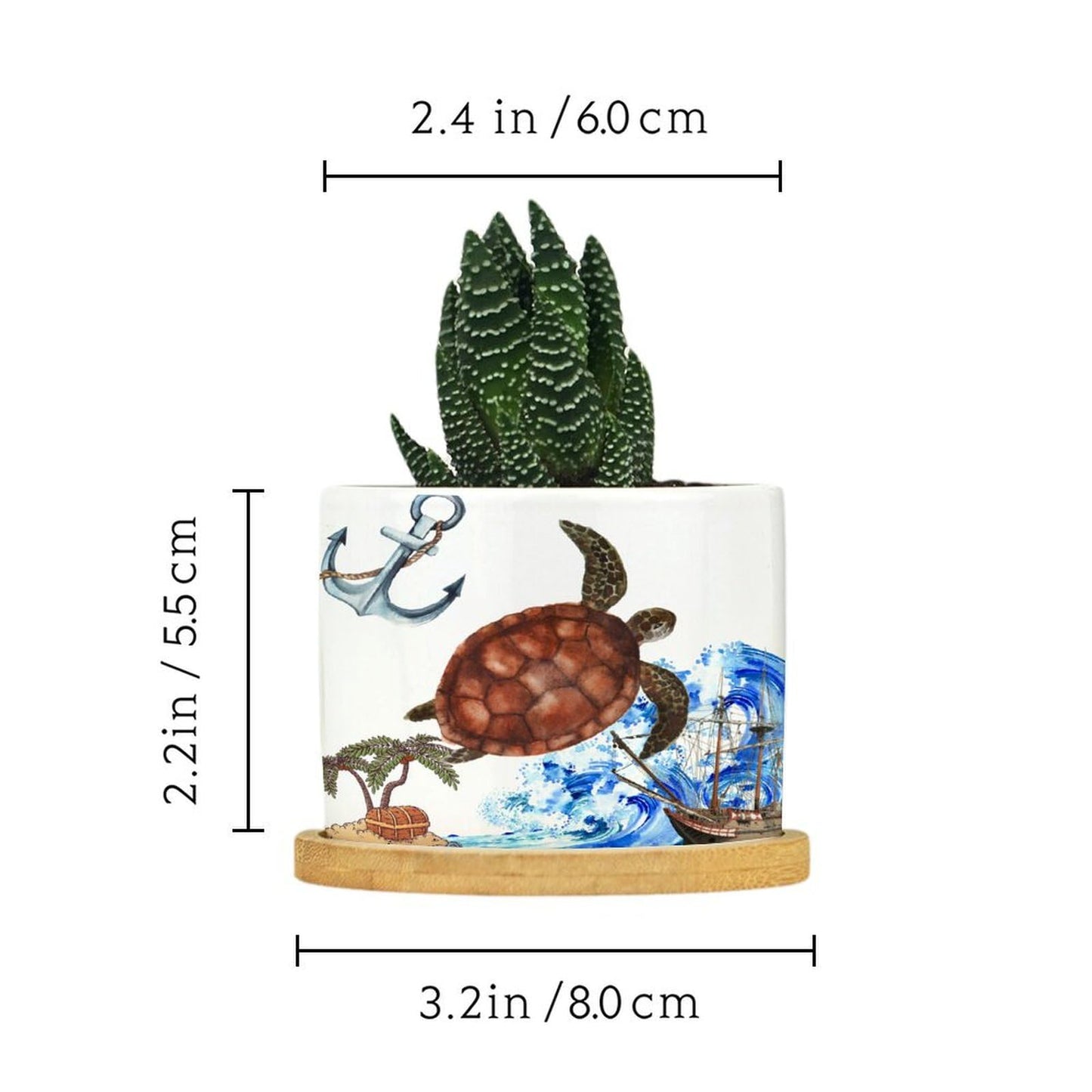 DreamAutumn Ocean Theme Sea Turtle Ceramic Pots for Plants with Drainage Holes Round Flower Pot Bamboo Tray Orchid Pot Succulents Pots for Outdoor Indoor Plants,Housewarming Gifts