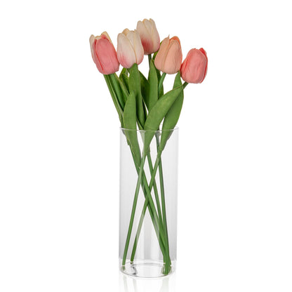 Glass Cylinder Vase with LED Wooden Base - 7.9 Inch Clear Glass Flower Bud Vase Pampas Grass, Light Up Terrarium for Plants, Fish Bowl Centerpiece, Home Decor Gift for Women Mom - Warm Light