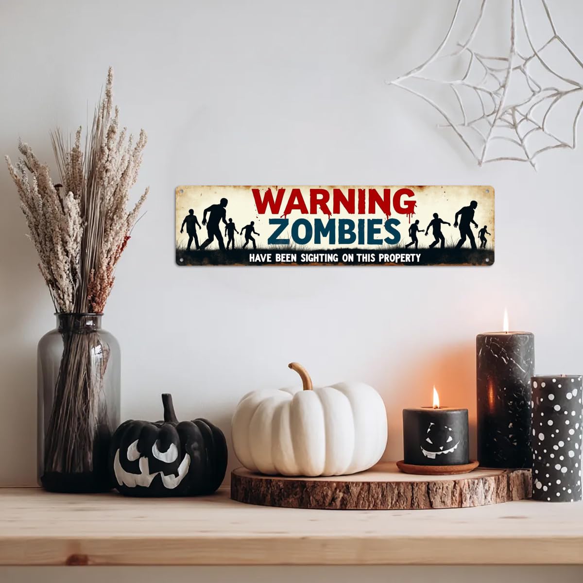 Warning Zombies Have Been Sighting On This Property Metal Tin Sign Halloween Theme Wall Hanging Rustic Style Wall Decor For Home, Office, Halloween Party, Man Cave Decorative Signs & Plaques 4x16 Inch