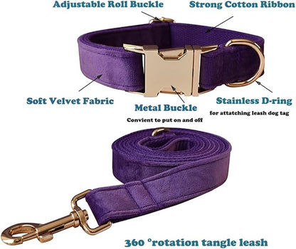 Love Dream Velvet Dog Collar and Leash Set, Soft & Comfy Adjustable Dog Leash and Collar with Heavy Duty Metal Buckle for Small Medium Large Dogs Training & Walking (XLarge, Dark Purple)
