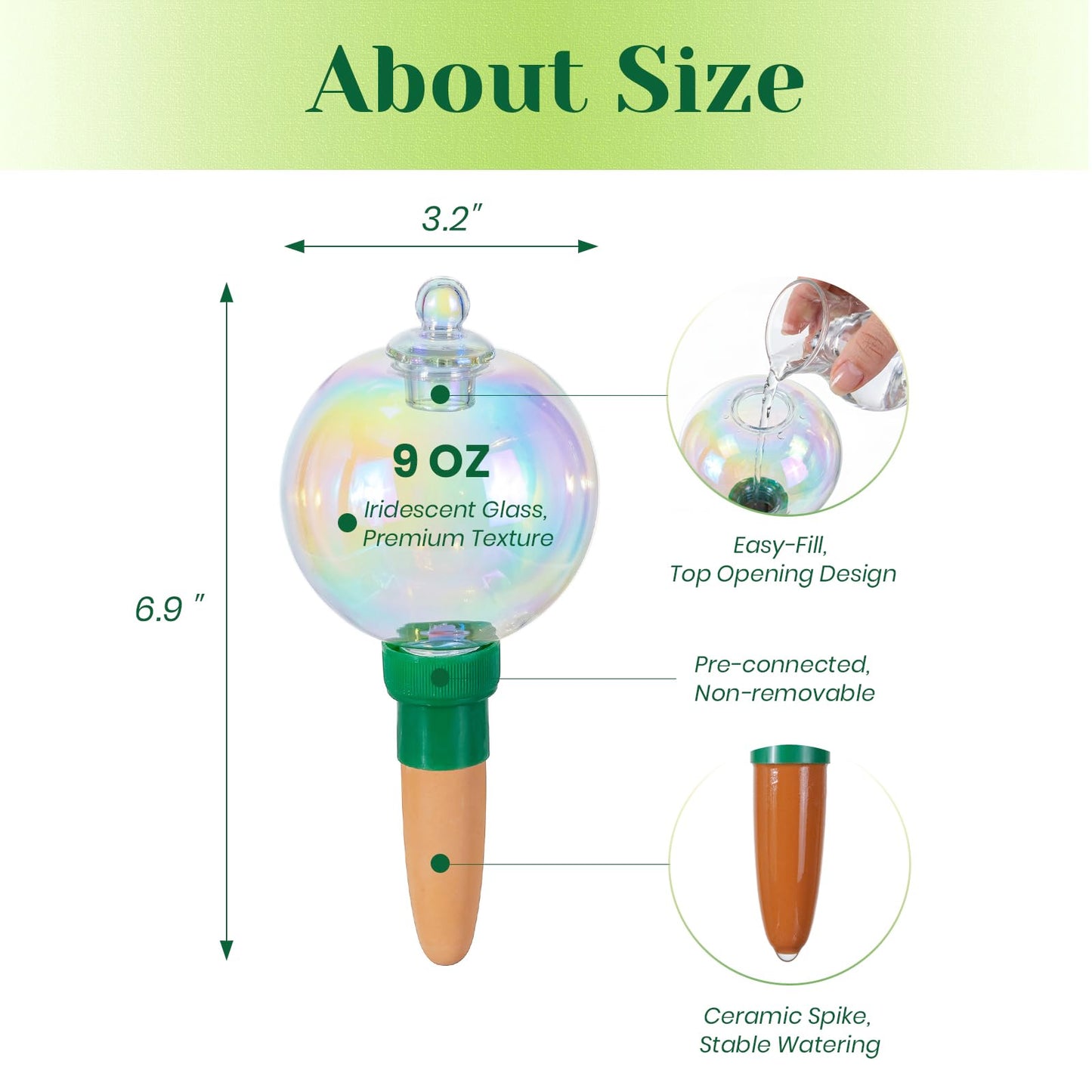 Hewory Glass Plant Watering Globes: 4 Pcs Iridescent Water Bulbs for Indoor/Outdoor Plants - 9oz Watering Devices with Terracotta Water Spikes