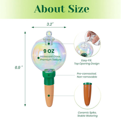 Hewory Glass Plant Watering Globes: 4 Pcs Iridescent Water Bulbs for Indoor/Outdoor Plants - 9oz Watering Devices with Terracotta Water Spikes
