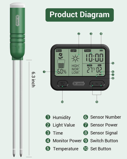 Dr.meter 4-in-1 Soil Moisture Meter, 300ft Wireless Soil Tester Sensor, Temperature/Light/Time/Soil Hygrometer Monitor with Digital LCD Display for Indoor Outdoor Plants, Garden, Lawn, Gardening Gifts