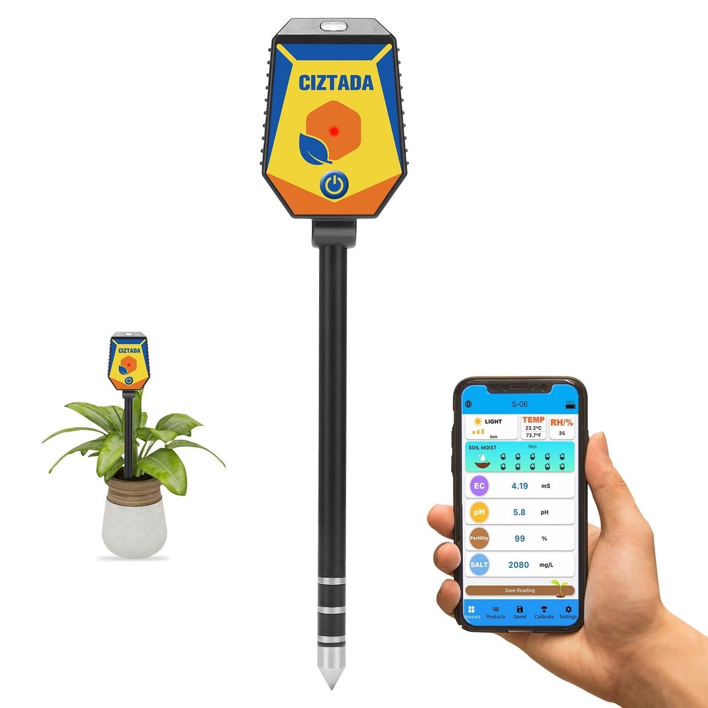 CIZTADA Smart Soil Moisture Meter pH Salinity Tester 8 in 1 Moisture pH Light Environment Humidity Fertility EC Salt Temp Soil Meter for Indoor/Outdoor Plants with App Monitor for Garden, Lawn, Farm