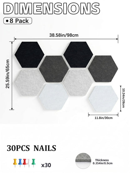 Uoisaiko 8 Pack Hexagon Felt Bulletin Board Tiles - 12" Large Thick Pin Board for Walls with 30 Push Pins, DIY Boards for Office Home School Decor, Aesthetic Hex Cork Board Alternative