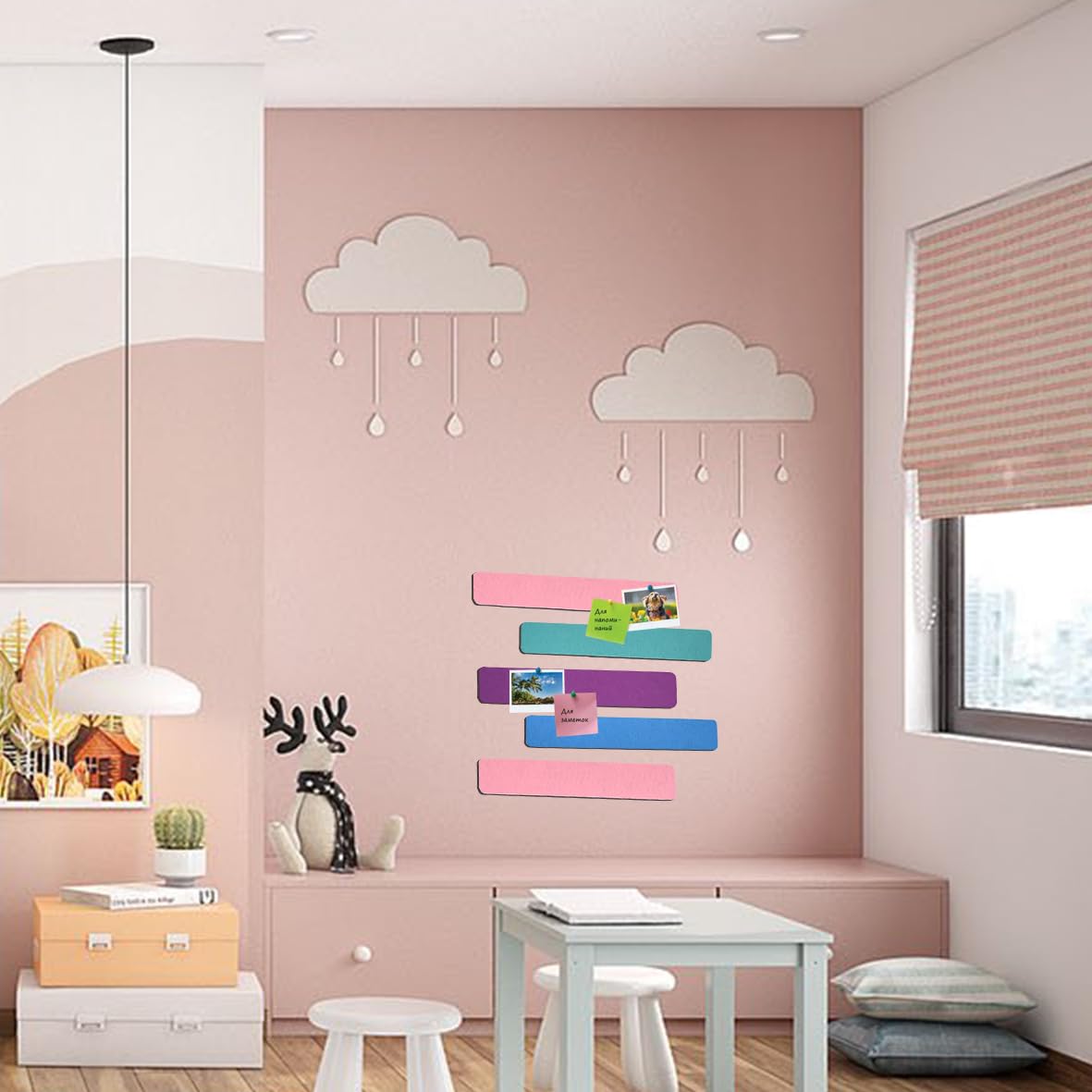 Vuzvuv 8 pcs Bulletin Board Bar Strips with 50 Pushpins & 10 Wooden Clip pins，Self Adhesive Cork Board for Wall，Felt Pin Board for School，Office Decor(Green Blue Pink Purple)