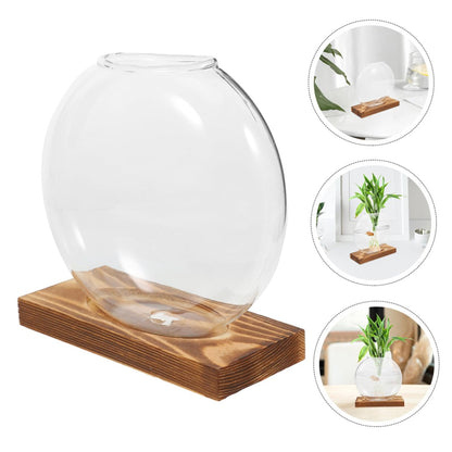 DEARMAMY 2pcs Glass Propagation Vase with Wooden Base, Indoor Hydroponic Plant Planter, Desktop Terrarium for Greenery, Home Office Shelf Decoration