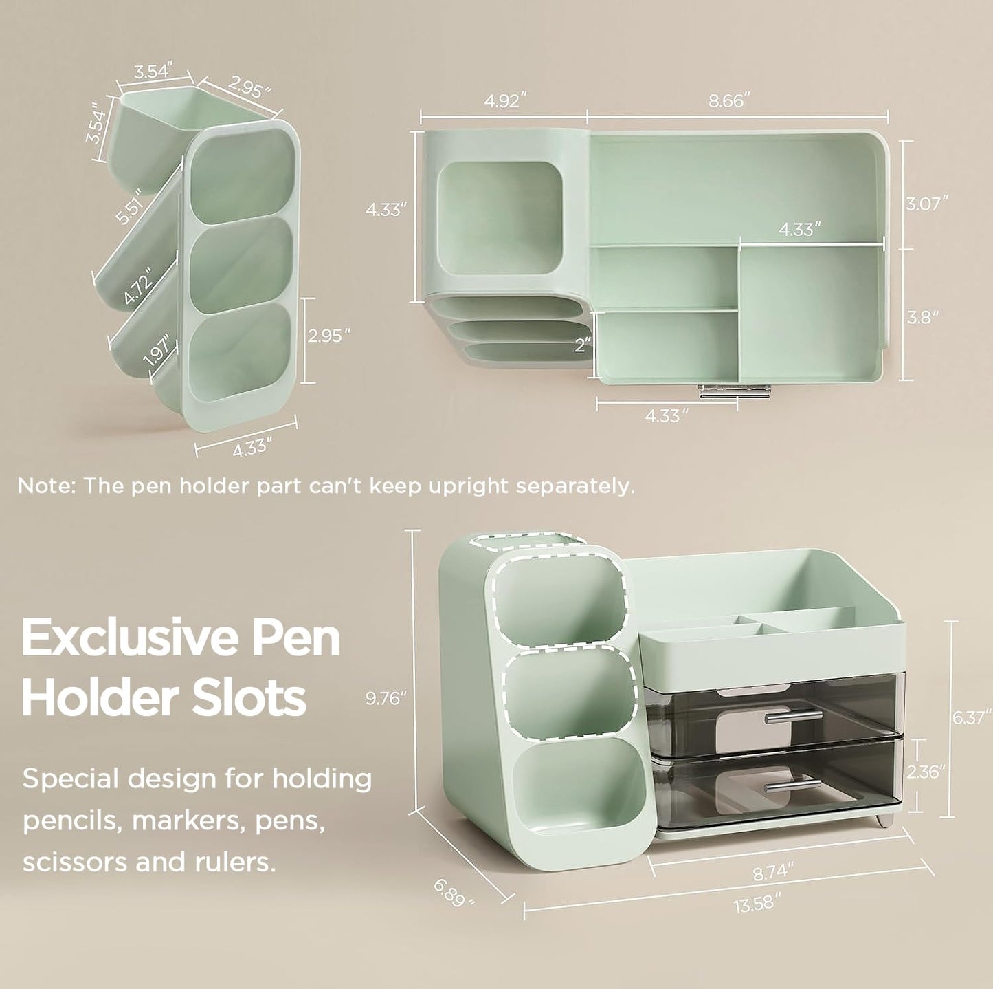 HBlife Desk Organizer with Pen Pencil Holder for Desk, Pen Organizer with 2 Drawers, Desk Organizers and Accessories with 4 Compartments, Desktop Storage for Office Home School Art Supplies, Green