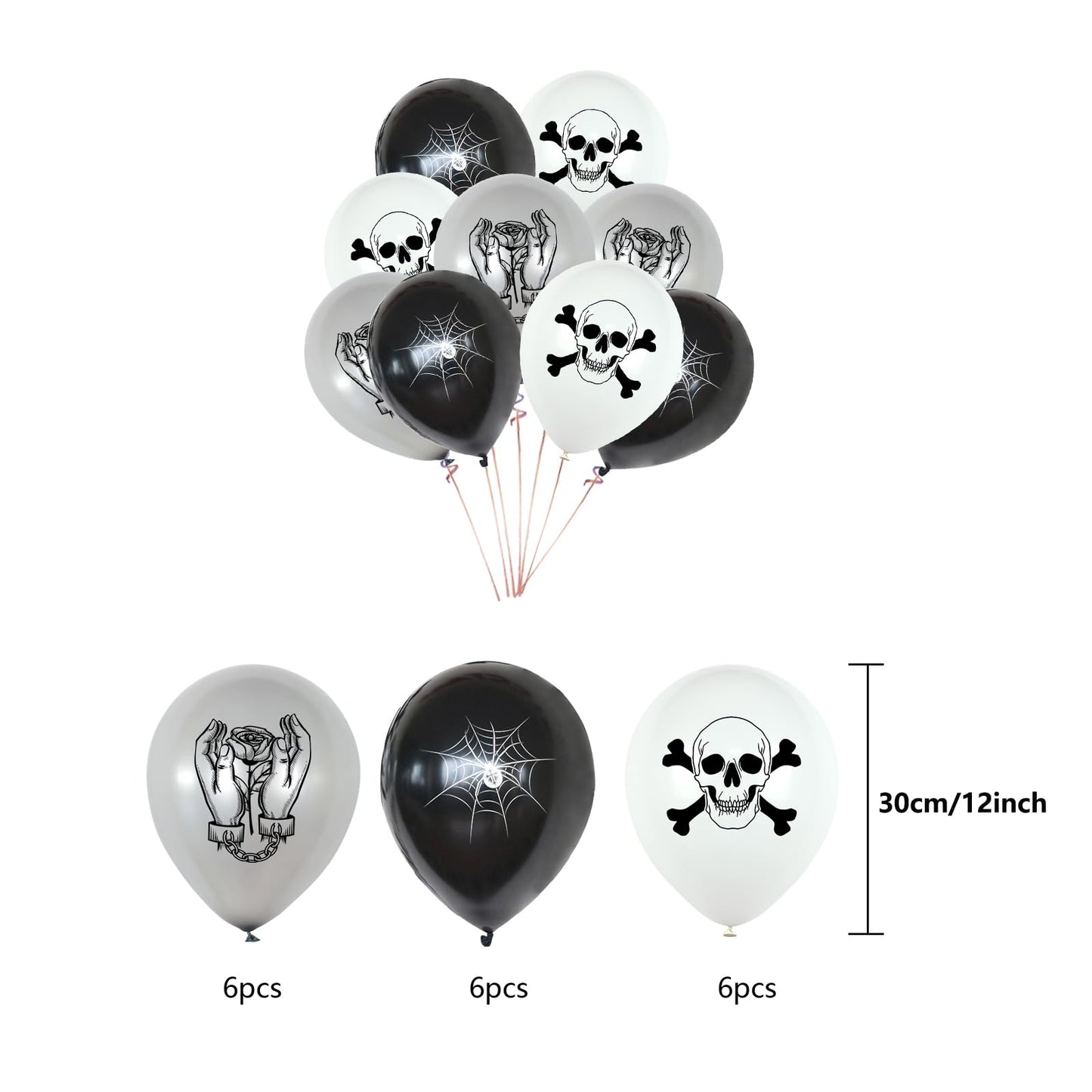 Gothic Black and Silver Horror Theme Birthday Party Supplies Funeral Decorations with Balloons Die Cut Skulls Hearts Ghosts Bats Spiders and Screaming Faces Halloween Party Supplies