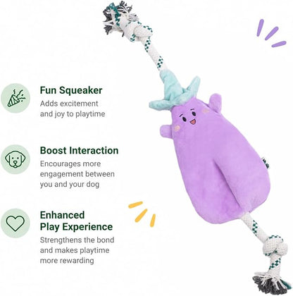 Green Sheep Interactive Plush Dog Toy, No Stuffing Squeaky Toy with Recycled Cotton Rope for Medium to Large Dogs, Aubergine