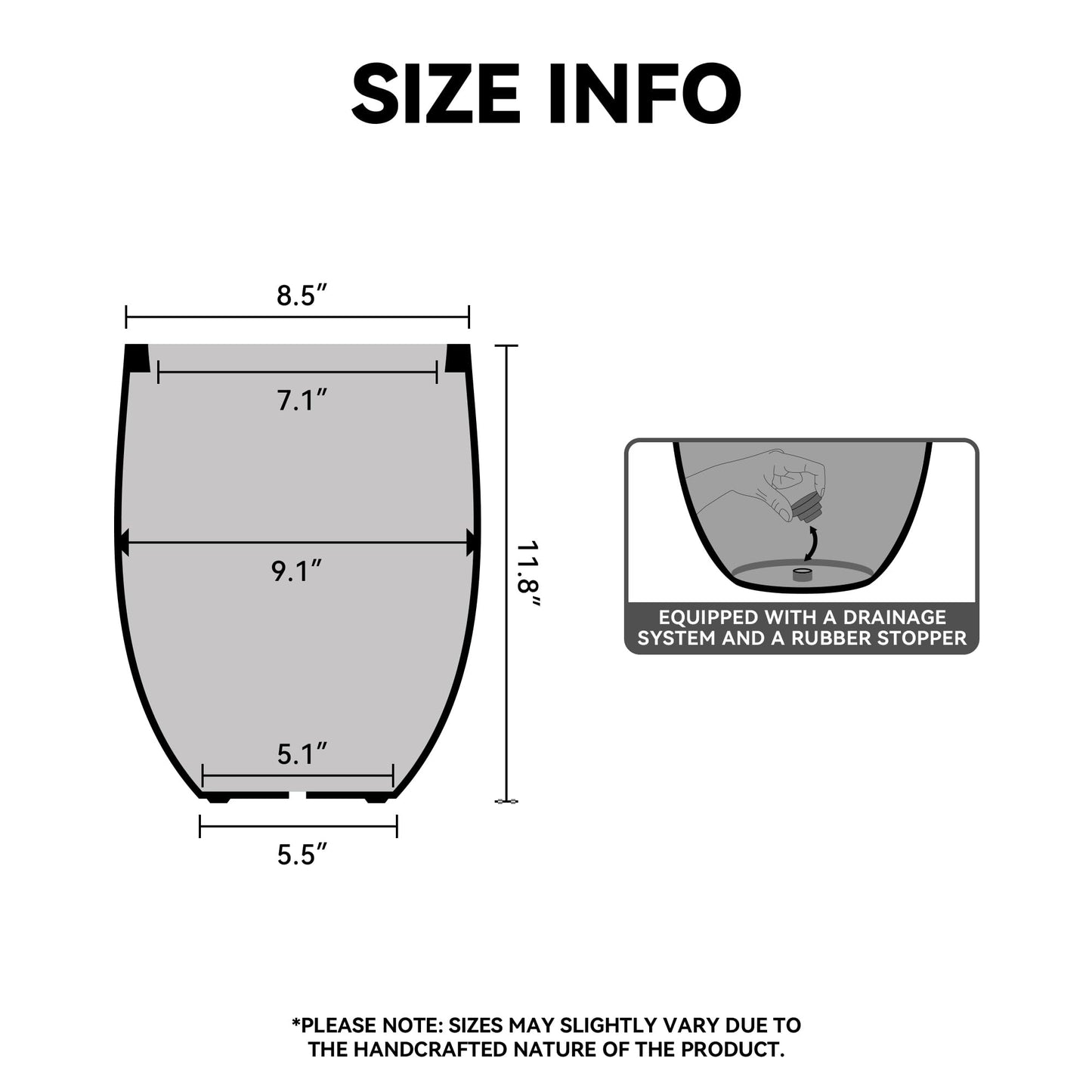 Kante 11.8 Inch Tall Concrete Planter, Large Indoor Outdoor Plant Pot with Drainage, Smooth Black Finish with Painted Interior, Ideal for Porch, Home, Garden, Patio