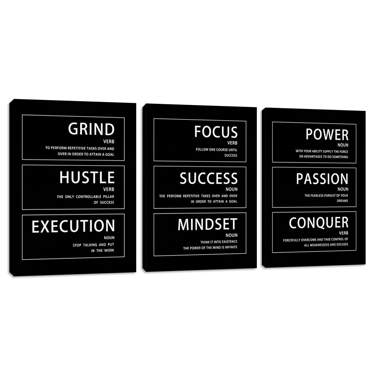 Yetaryy Motivational Wall Art - Hustle Grind Execution Quotes - 3 Piece Inspirational Success Mindset Wall Art Poster Canvas Office Decor - 36" W x 16" H