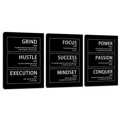 Yetaryy Motivational Wall Art - Hustle Grind Execution Quotes - 3 Piece Inspirational Success Mindset Wall Art Poster Canvas Office Decor - 36" W x 16" H