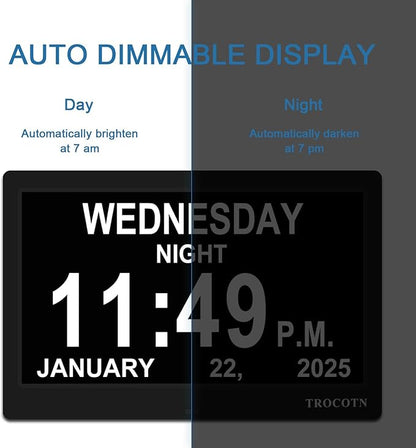 TROCOTN Dementia Clocks, Large Display Calendar Alarm Clock with Auto DST for Seniors, 5 Display Modes Large Font Digital Clock with Custom Alarms Day Date Clocks. (10 Inch Black)