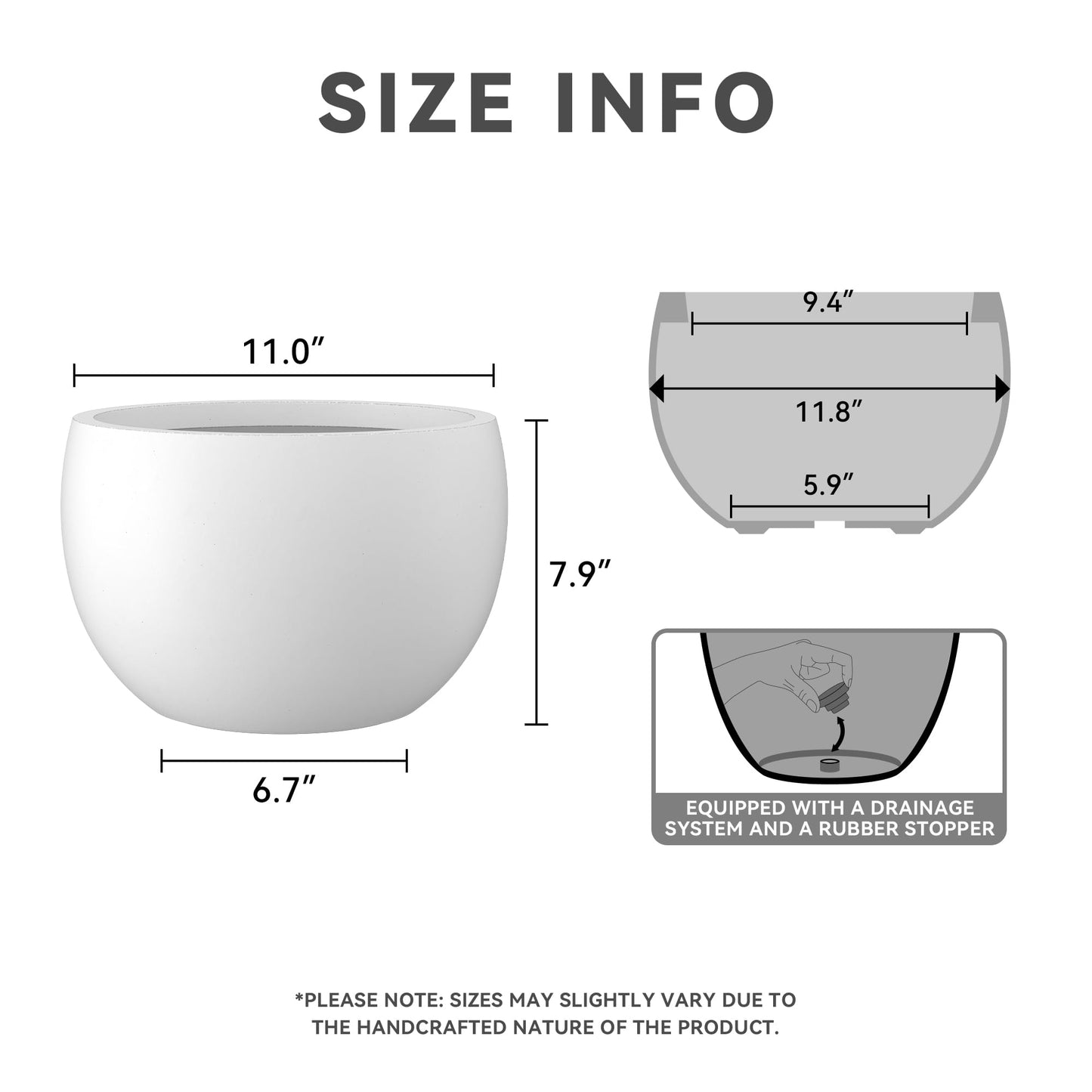 Kante 11.8" Dia Round Concrete Planter, Outdoor/Indoor Large Bowl Plant Pots with Drainage Hole and Rubber Plug for Garden Patio Balcony Home, Pure White