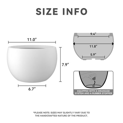 Kante 11.8" Dia Round Concrete Planter, Outdoor/Indoor Large Bowl Plant Pots with Drainage Hole and Rubber Plug for Garden Patio Balcony Home, Pure White