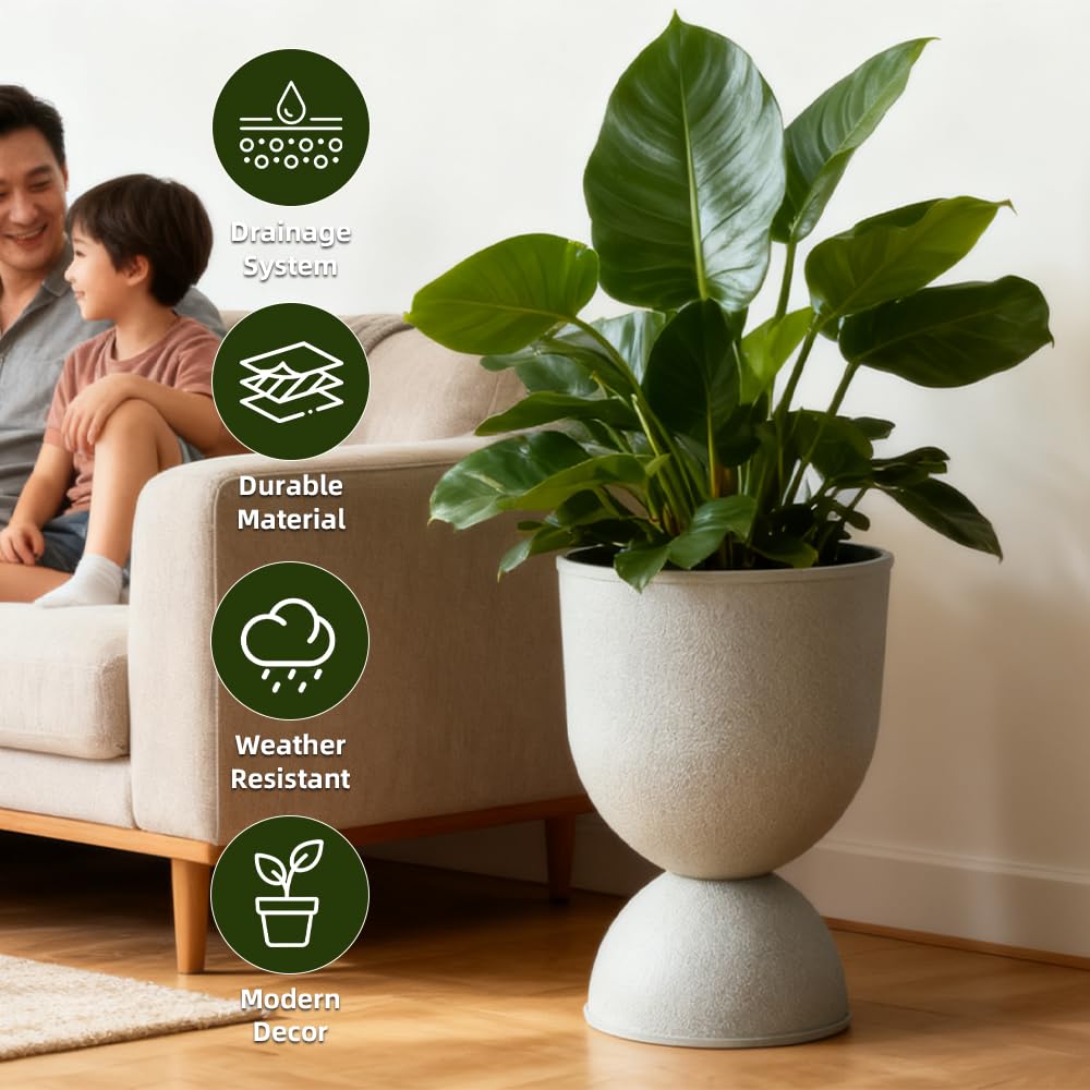 Modern Hourglass Planter, Indoor Decorative Plastic Plant Container, Textured Metal Look, Contemporary Home Garden Pot (WHITE, CUP001)