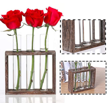 PACDONA Wooden Propagation Station with 3 Glass Test Tubes, Tabletop Glass Terrarium Holder for Cuttings Hydroponics, Home Office Desk Decor Gift for Women Mom Plant Lovers, Brown