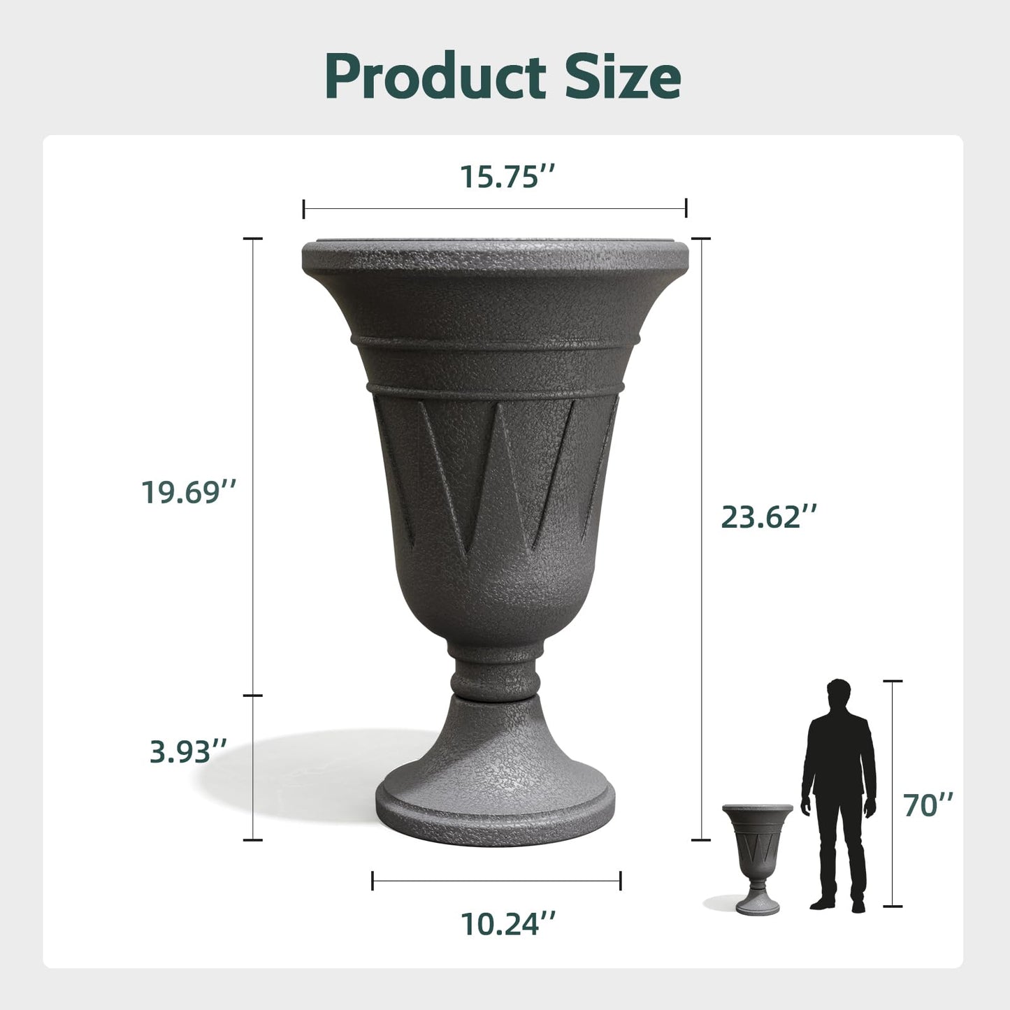 Trygoal 23.6" Tall Plastic Urn Planters for Outdoor Plants, Set of 2 Heavy-Duty Classic Indoor Large Flower Pots with Drainage Holes & Trophy Design, Outdoor Planters for Porch, Home Garden, Dark Grey