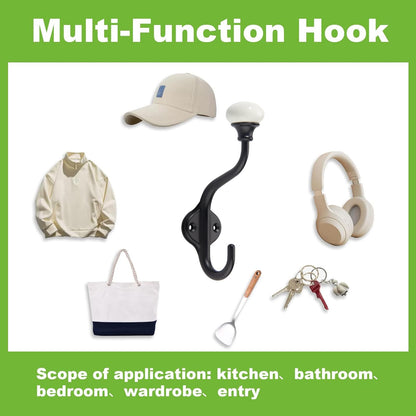 CHIVS Coat Hooks- 5 Pack Matte Black Wall Hooks, Ceramic Coat Hooks, Decorative Wall Mounted Towel Hanger, zinc Double Prong Hook for Hanging Clothes, Keys, Hats, Backpacks